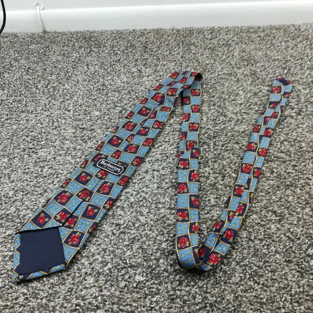 Vintage Burberry Neck Tie Silk Floral Blue Red USA Made 56L 3.75W